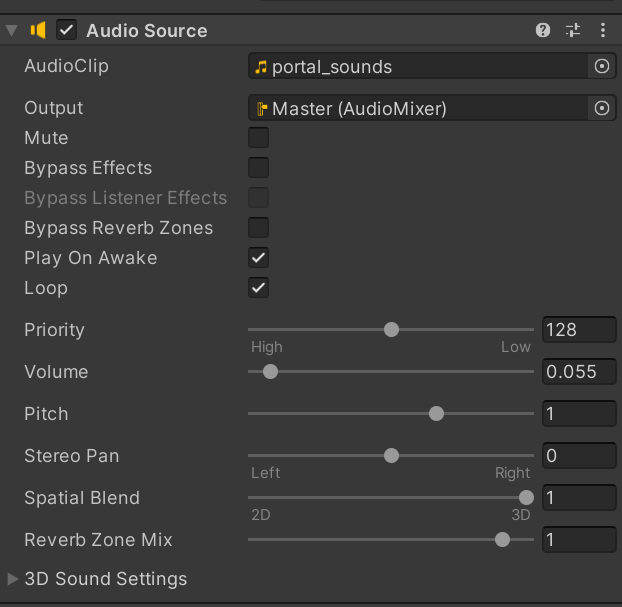 Showcase of the Audio Source Component settings used for environment sounds within my game Showcase of the Audio Source Component settings used for environment sounds within my game